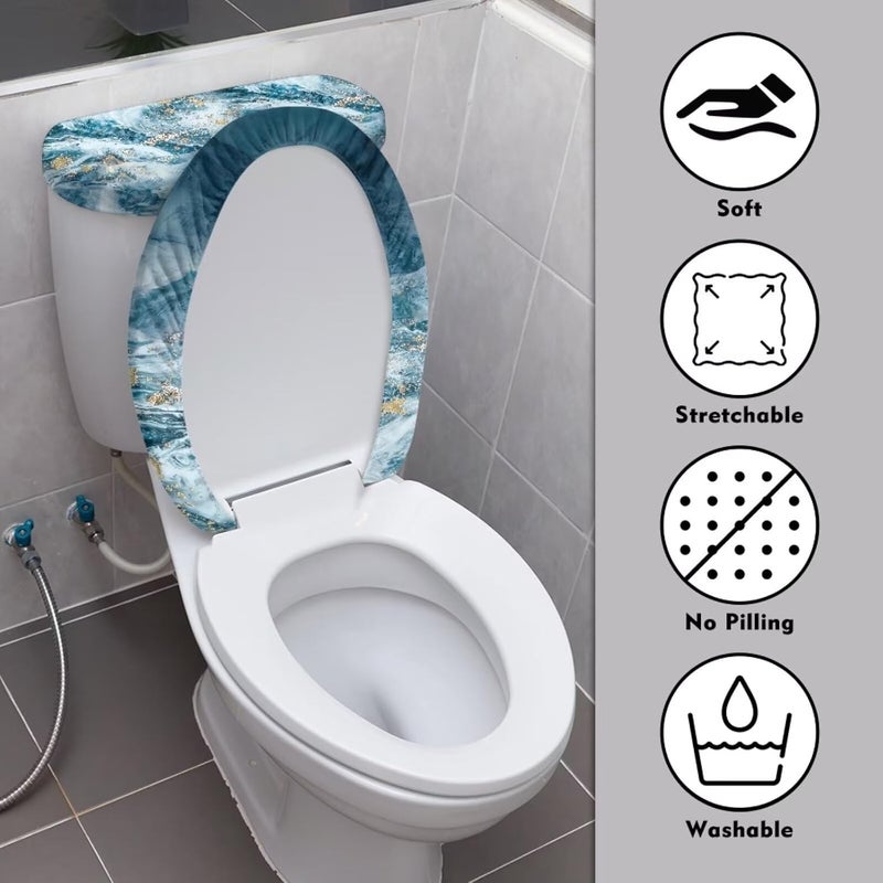 CREAMIC Blue Marble Print Toilet Lid Cover and Toilet Tank Cover 2Pcs Toilet Seat Cover and Tank Lid Covers Stretch Toilet Covers Set for Bathroom Fits Most Toilet Tanks & Lids - Image 3